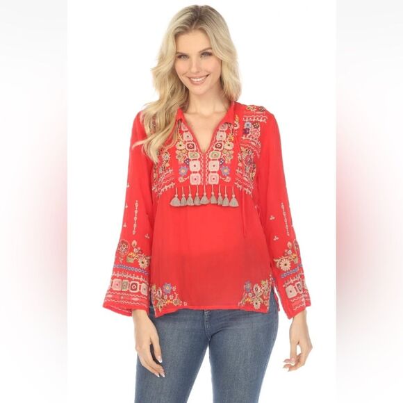Johnny Was Red Coriander Tasseled Embroidered Blouse Boho Chic C17123 Size XXS - Picture 2 of 15